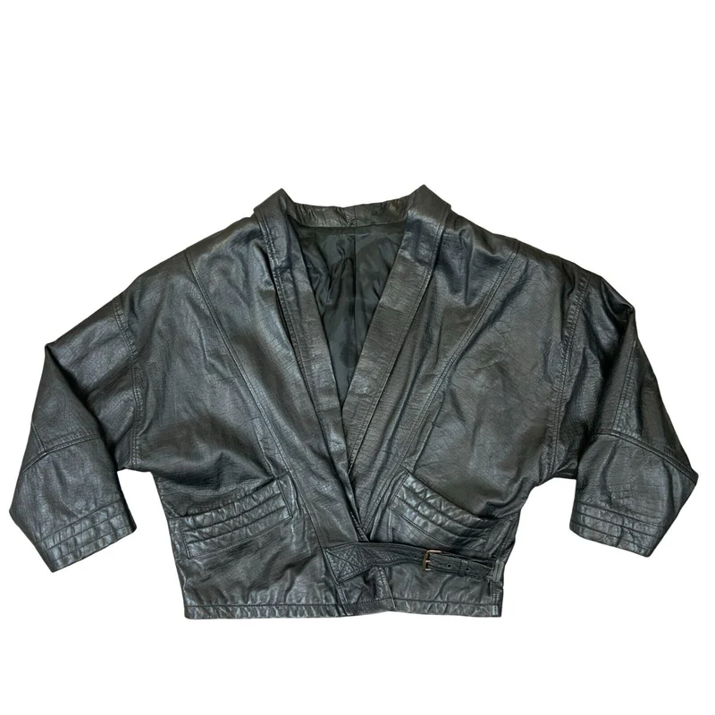 VTG 1980s LADIES PELLE MODA ITALIAN BLACK LEATHER JACKET BUCKLE FASTENING S 8-10
