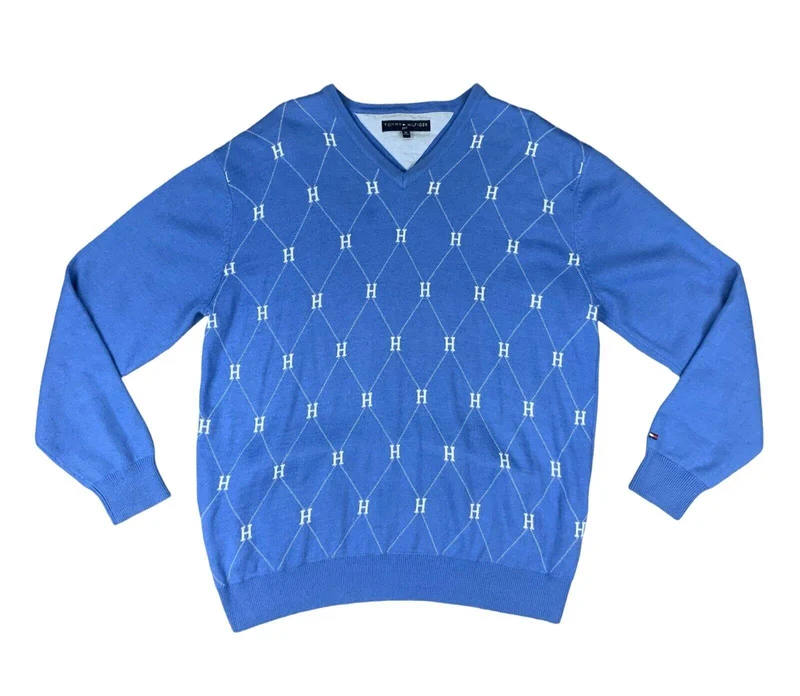 VTG 00s TOMMY HILFIGER GOLF BLUE WHITE ALL OVER ARGYLE V NECK KNIT JUMPER L