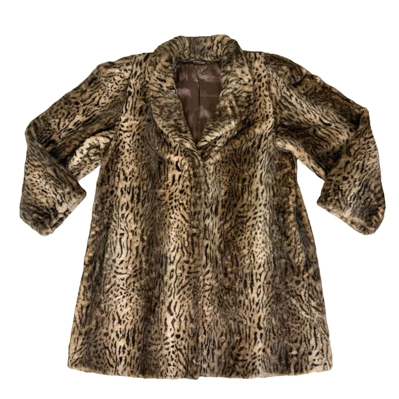VTG 80s LEOPARD ANIMAL PRINT BROWN BLACK FAUX FUR SWING COAT SIZE L