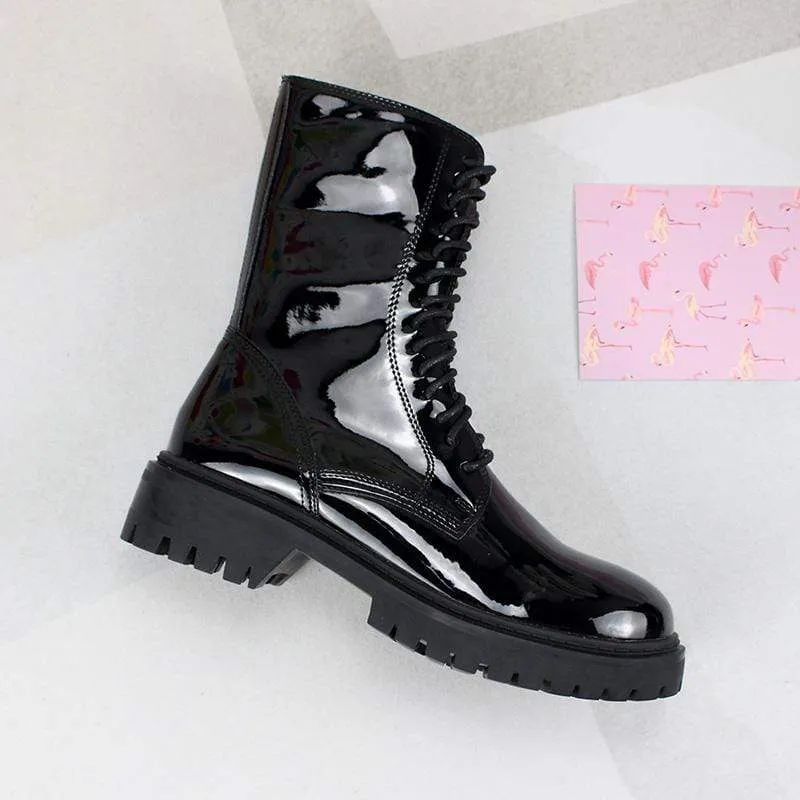 Gothic Punk Buskin Boots i lackläder för kvinnor
