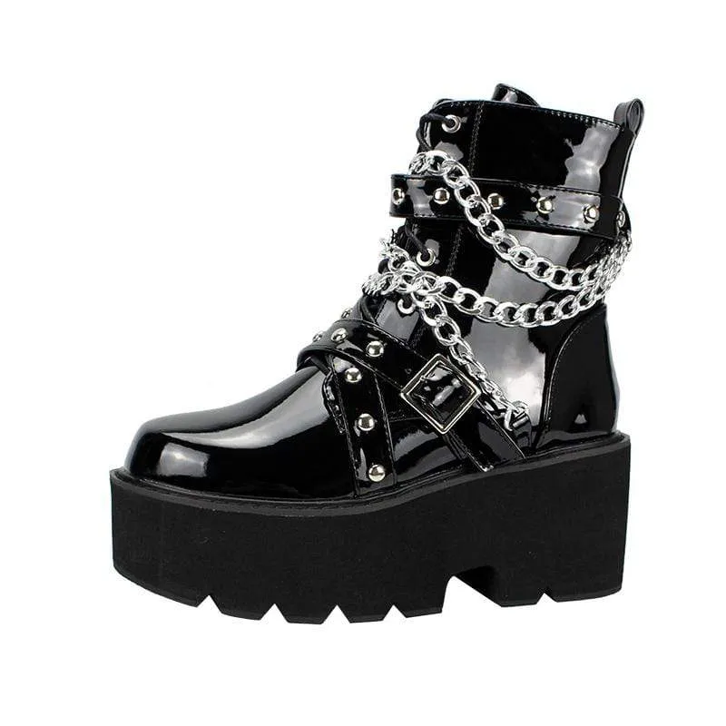 Gothic Punk Lackläder Kedja Platform Boots för kvinnor