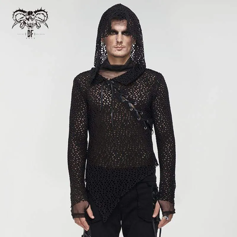 Gothic Strappy Irregular Mesh Skjorta för män med huva