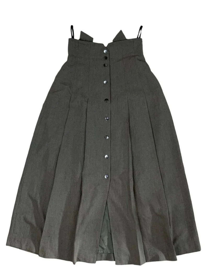 VTG 80s 90S GREY GREEN PLEATED BUTTON UP DUNGAREE MIDI SKIRT 10