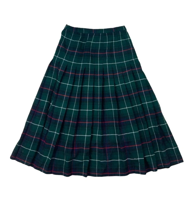 VTG 80s BURBERRYS GREEN NOVA CHECK TARTAN PLEATED KILT SKIRT SIZE S