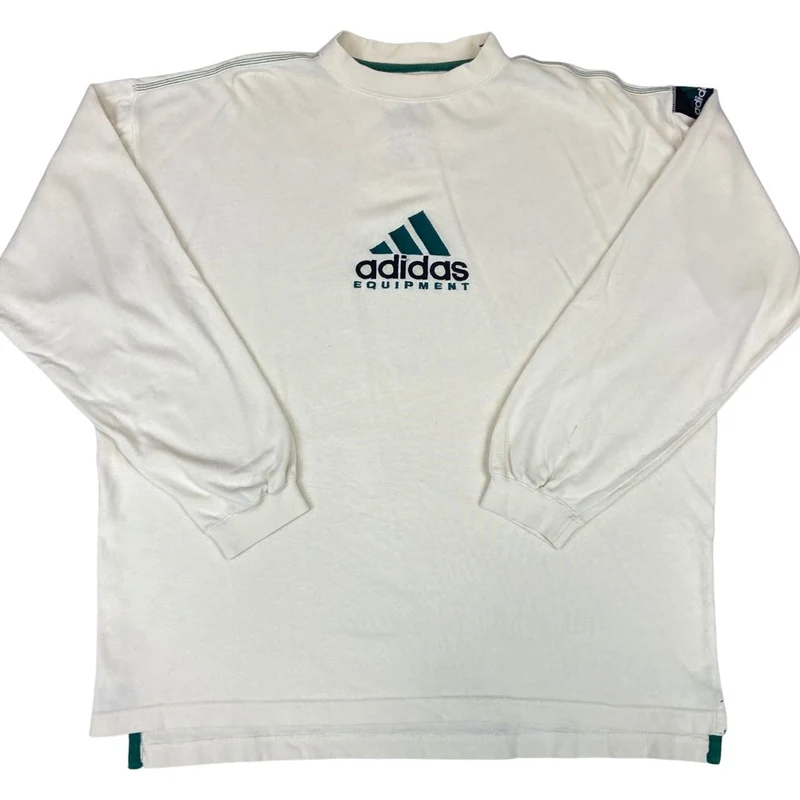 Vintage 90s Cream Green Embroidered Logo Adidas Long Sleeve T-shirt XL