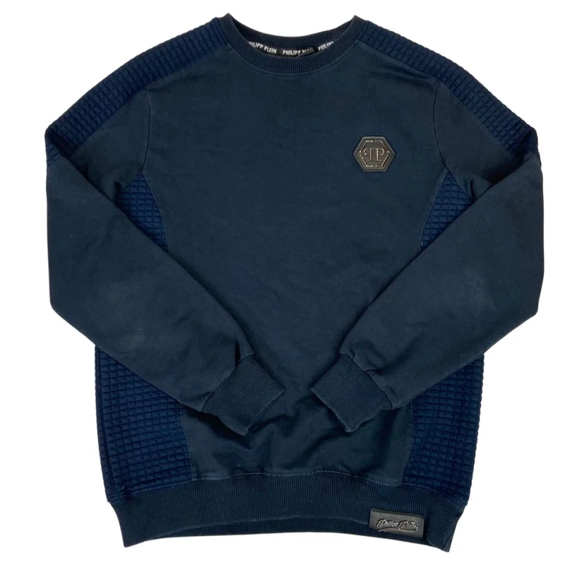 Vintage 90s 00s Navy Blue Embossed Philipp Plein Crew Neck Jumper M