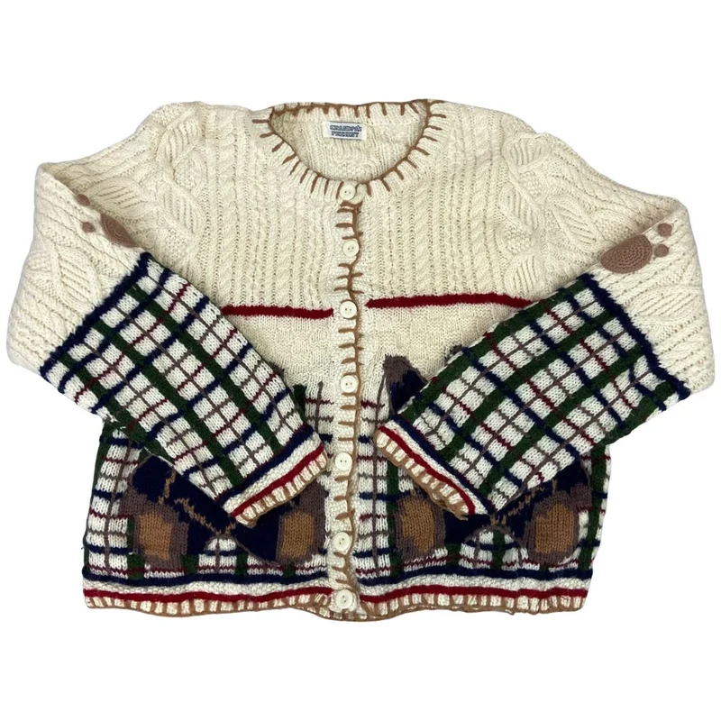 Vintage 80s 90s Beige Teddy Bear Graphic Knitted Embellished Cardigan 12 M