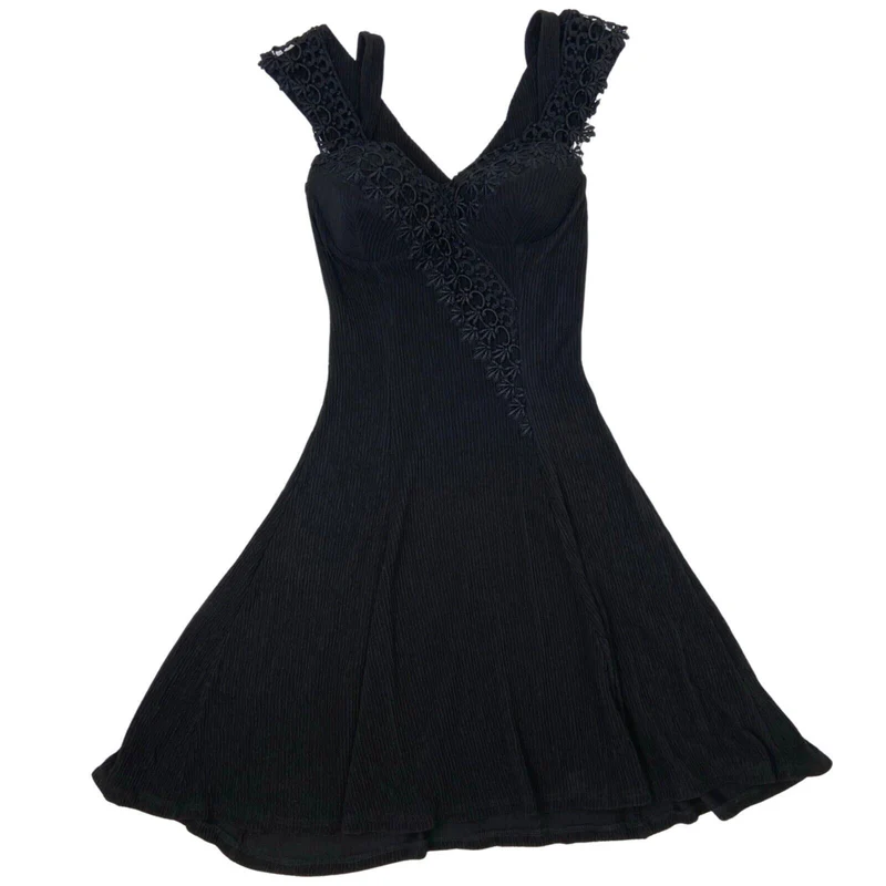 Vintage 90s Black Ribbed Lace Skater Party Dress 6 XS