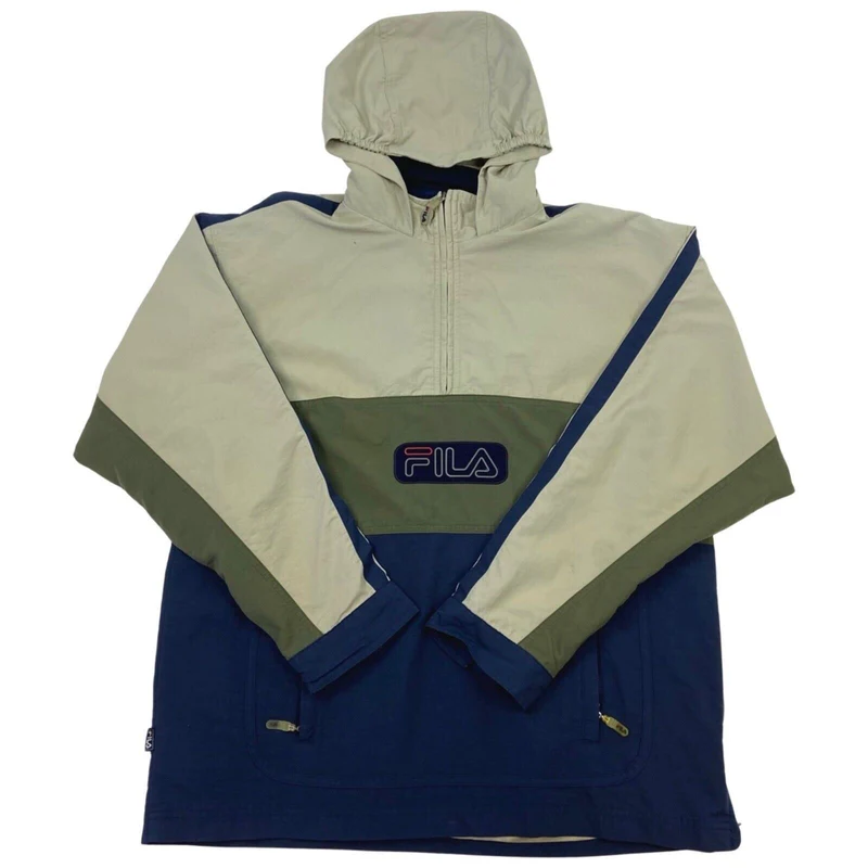 Vintage 1990s Khaki Navy Beige Fila 1/4 Zip Pullover Jacket Large