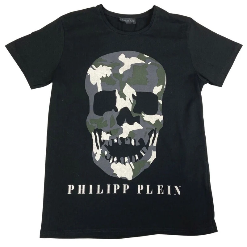 Vintage 90s 00s Black Philipp Plein Camouflage Skull T-shirt M