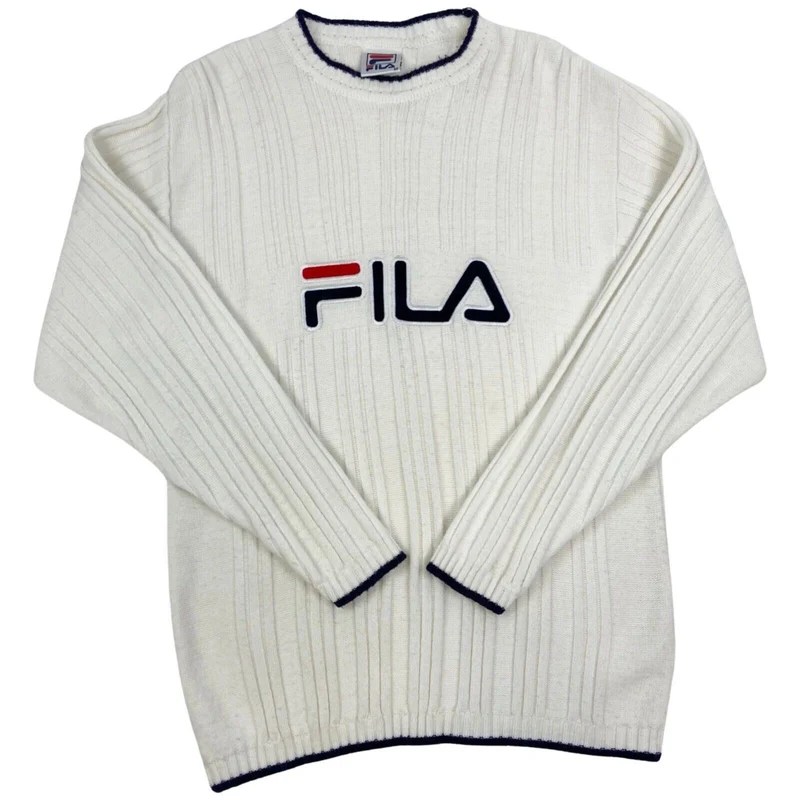 Vintage 90s White Fila Spell Out Embroidered Knit Sweater L