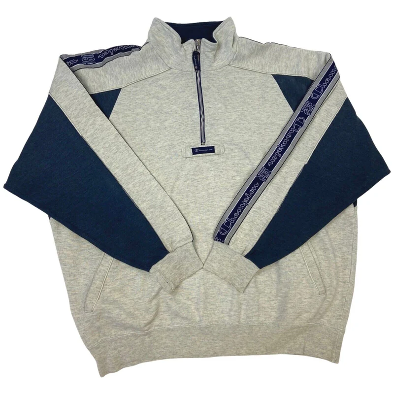 Vintage 90s Grey Blue Champion 1/4 Zip Jumper XL