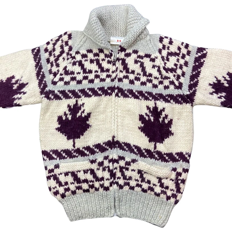 VTG NATIVE CANADIAN AMERICAN COWICHAN INDIAN HAND KNIT CARDIGAN 45” (42) L