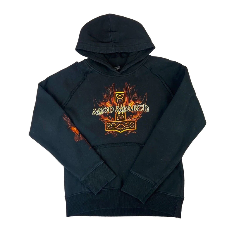Vintage 00s Black Amon Amarth Graphic Merch Viking Metal Raw Hemmed Hoodie M
