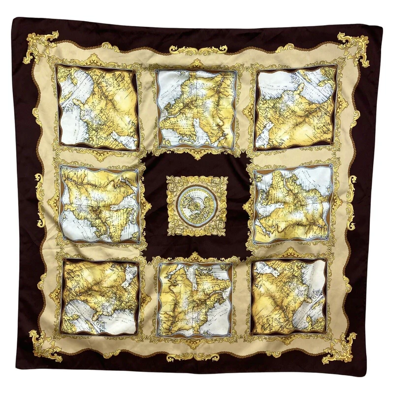 Vintage 90s 00s Brown Gold Cream Ornamental Filigree Map Print Scarf