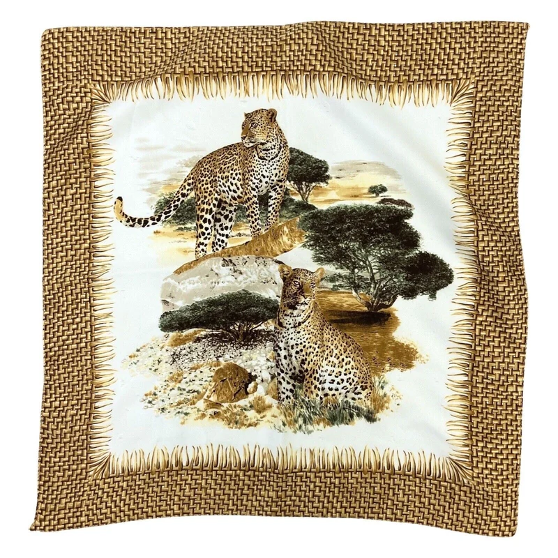 Vintage 90s 00s Gold Orange Cream Leopard Safari Graphic Print Scarf