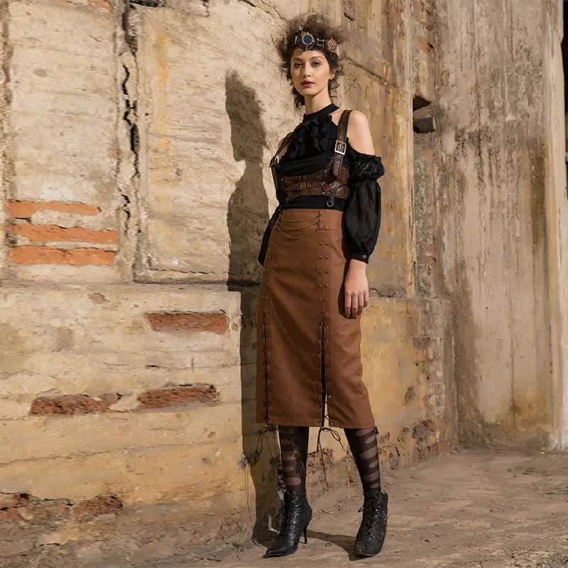 Steampunk rak kjol i läderlook för kvinnor