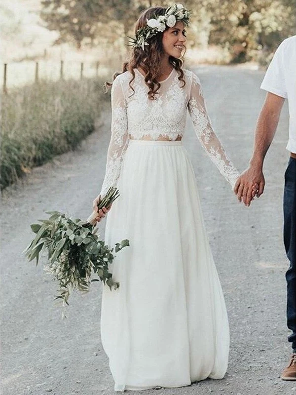 Rustik Scoop Neck Spets Top Flowy Bridal Separerar långärmad tvådelad bröllopsklänning