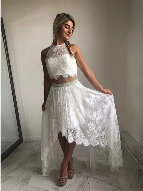 Flowy Halter Spets Crop Top Boho Beach Tvådelad Bröllopsklänning | Casual bröllopskjol och topp