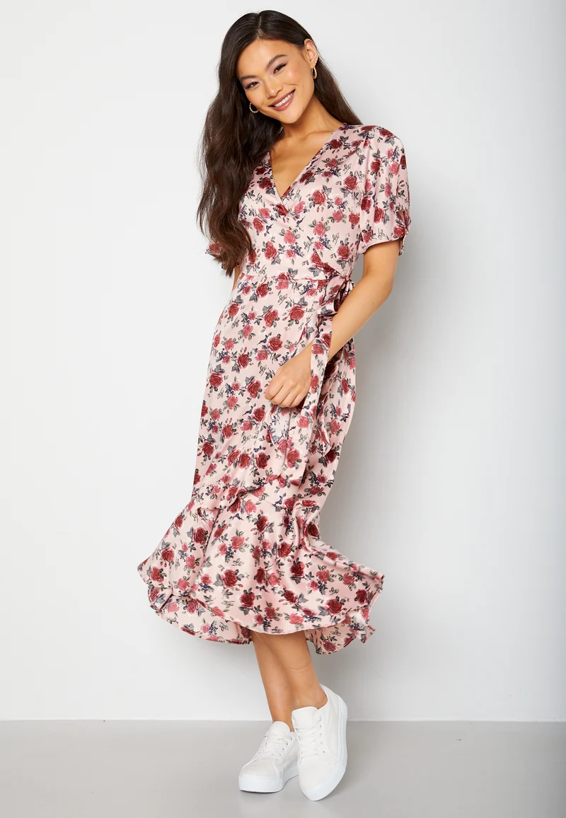 Frill Wrap Satin Midi Dress