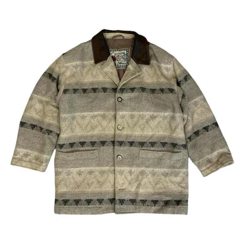 VTG 80s GREY QUILTED AZTEC WOOL LEATHER COLLARED BUTTON UP JACKET SIZE XL
