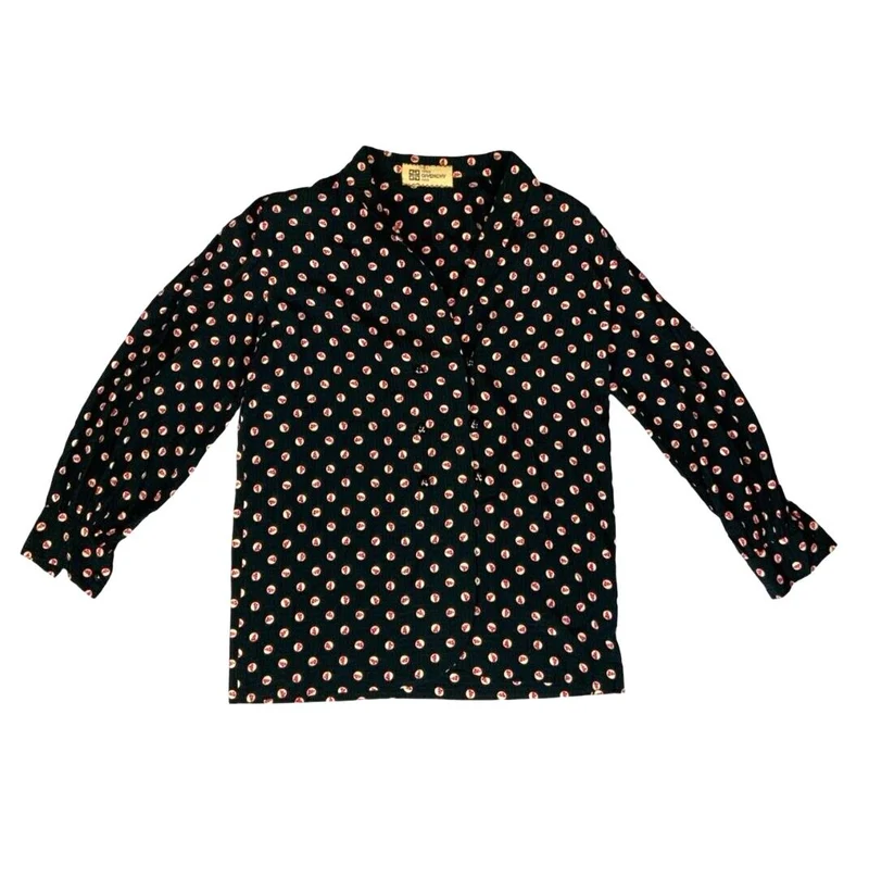 VTG 80s GIVENCHY BLACK CHERRY POLKA DOT LONG SLEEVE BLOUSE SIZE M
