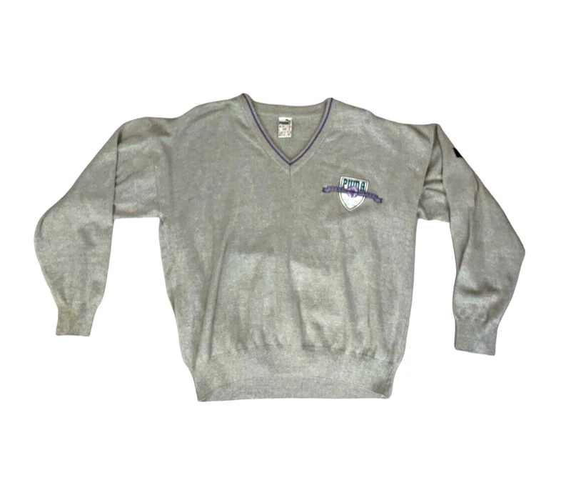 VTG 80s PUMA GREY PURPLE V NECK LOGO KNIT JUMPER SIZE XL