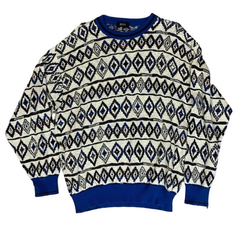VTG 80s 90s HUGO BOSS WHITE BLUE DIAMOND CREW NECK KNIT JUMPER SIZE XL