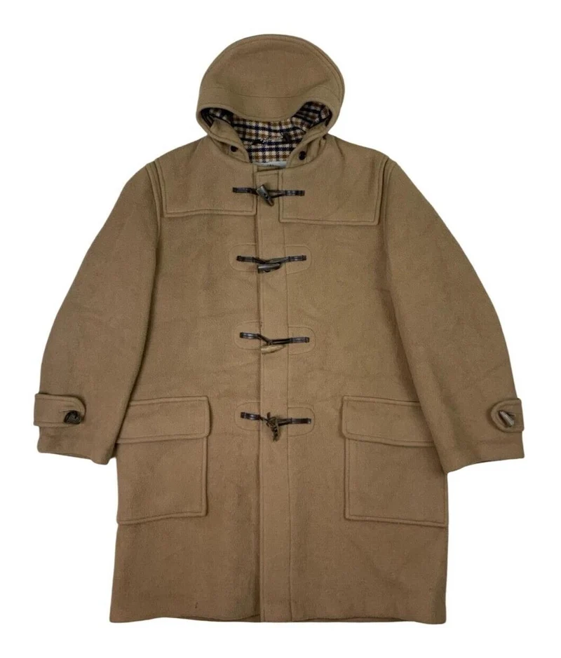 VTG MENS AQUASCUTUM WOOL HOODED BEIGE BROWN DUFFEL COAT SIZE XL
