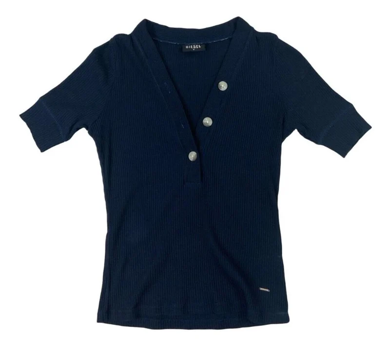 Y2K DIESEL RIBBED BUTTON UP V NECK TOP NAVY BLUE SIZE S