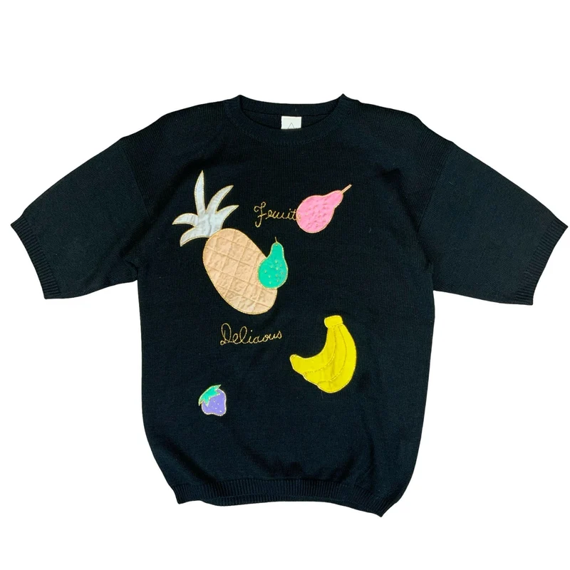 Vtg 80s/90s New Fast C&A Black Embroidered Fruits Short-Sleeve Knit Top UK 10/12