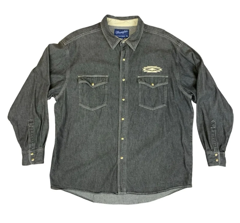 Vtg Wrangler Black Denim Pearl Snap Western Shirt Chimayo Native Embroidered XL