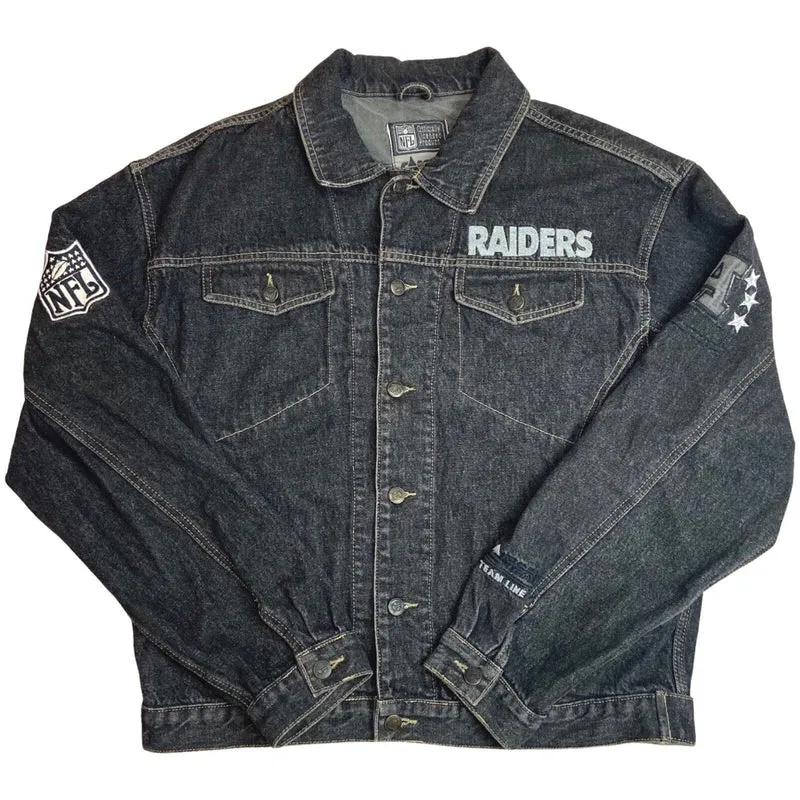 Preloved 00s Grey NFL Los Angeles Raiders Embroidered Stitched Denim Jacket XL