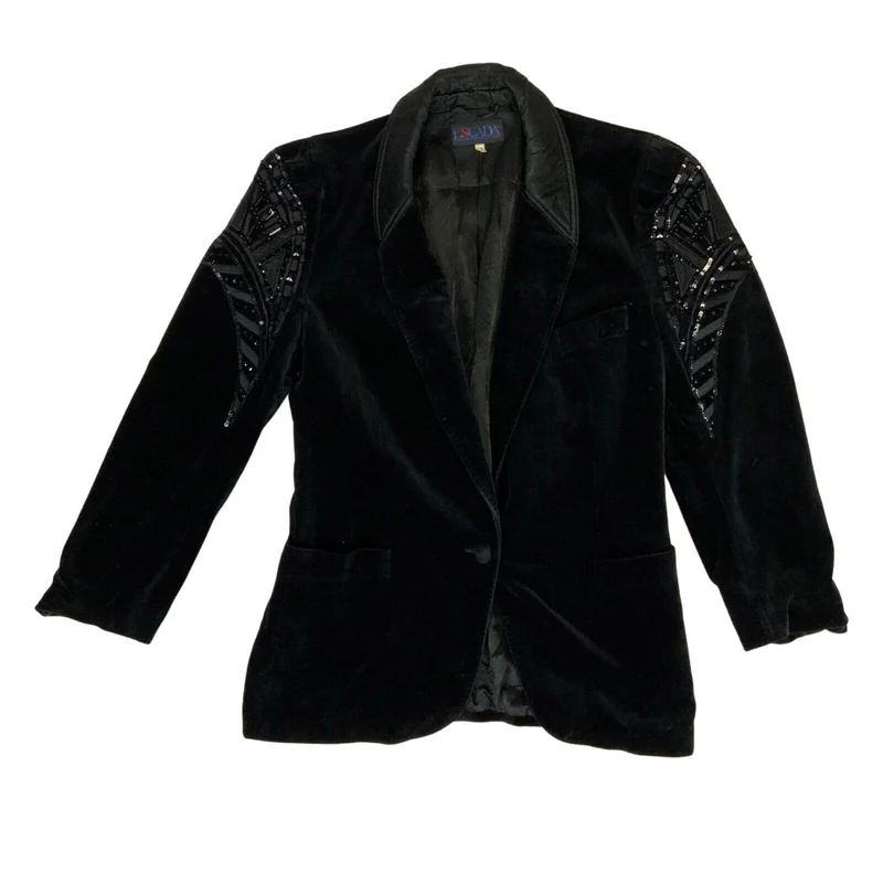 Vintage 90s Black Sequin Beaded Velvet Escada Dinner Jacket Blazer 8 10 S