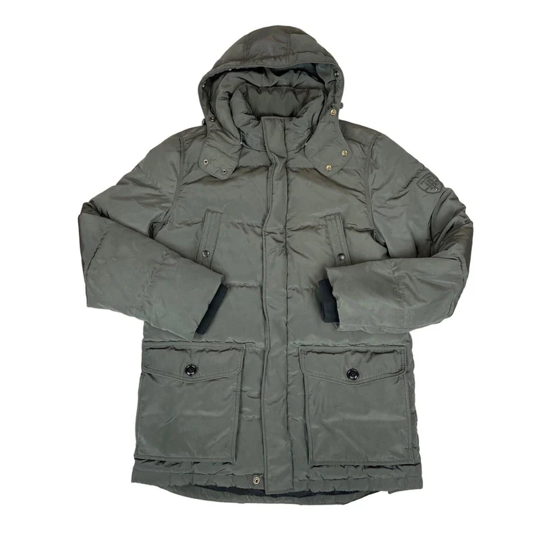 Vintage 00s Grey Khaki Tommy Hilfiger Hooded Down Feather Long Puffa Outdoor Jacket Large