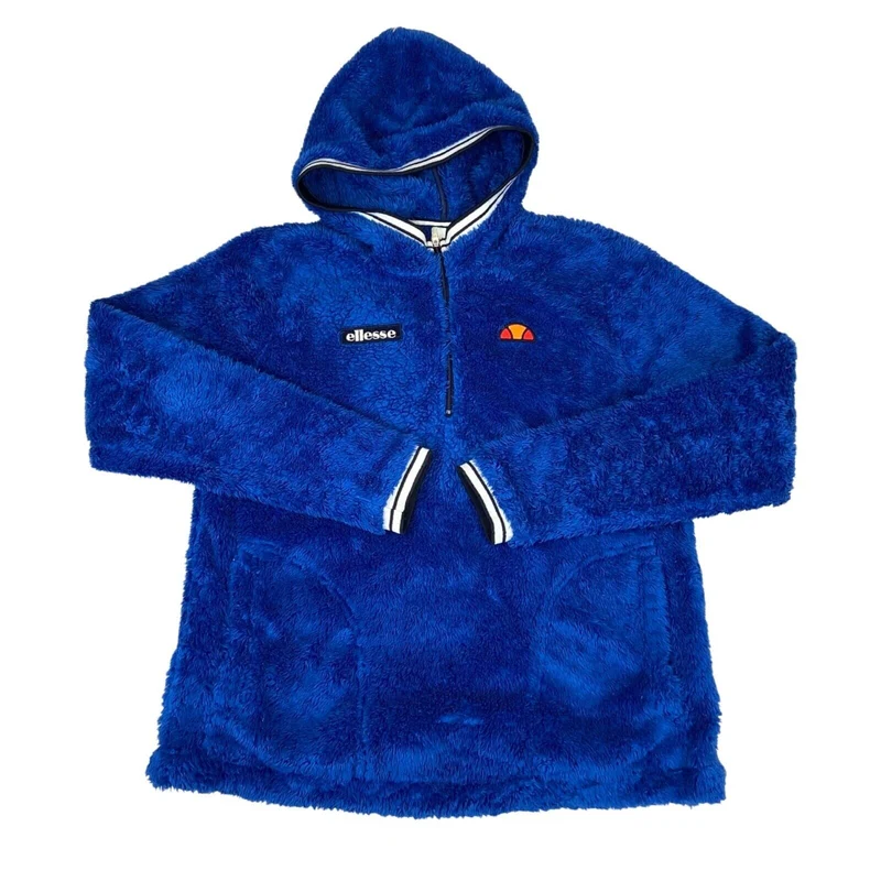 Vintage 00s Blue Ellesse Fluffy Fleece 1/4 Zip Hooded Embroidered Jumper M