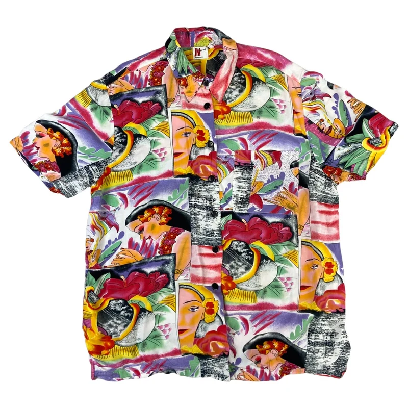 Vtg 90s Pink Green Yellow Hawaiian Floral Psychedelic Ukelele Novelty Shirt L