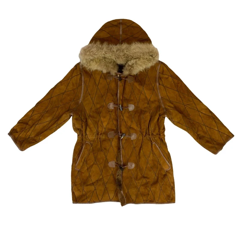 Vintage 90s Brown Suede Sheepskin Lined Argyle Embroidered Shearling Jacket L 16