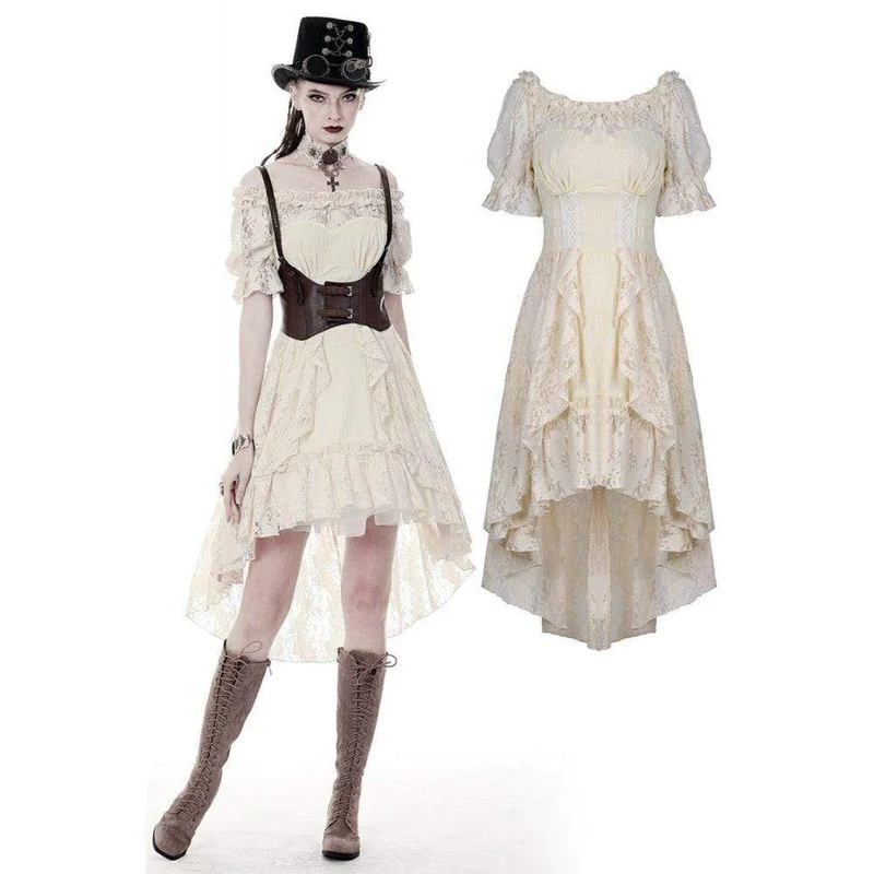 Vackra beige vintageklänningar med rynkor och volanger för kvinnor