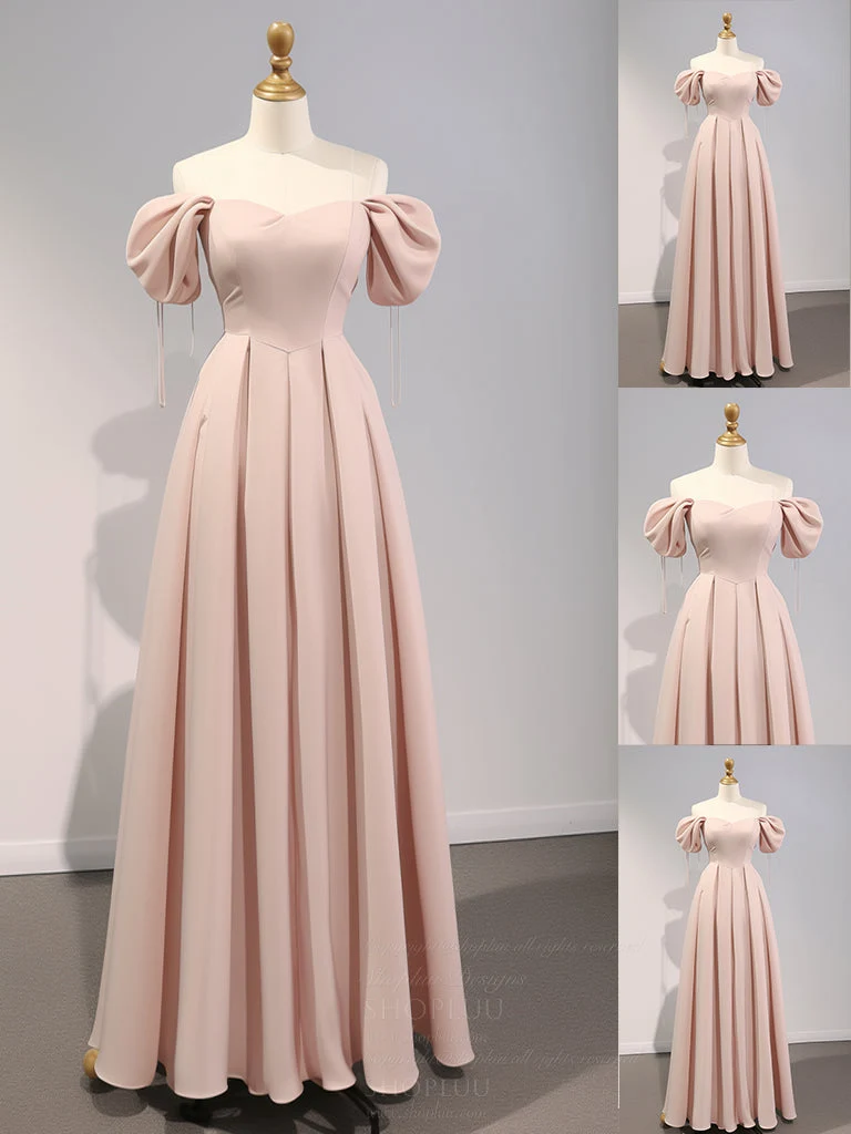 Elegant A-linjeformad Puffärm Rosa Satin Lång Balklänning för Brudtärne