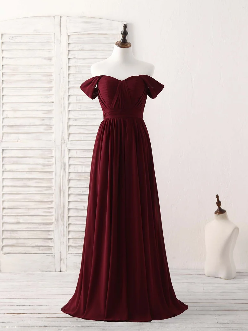 Elegant Vinröd Chiffong Off-Shoulder Lång Balklänning Brudtärneklänning