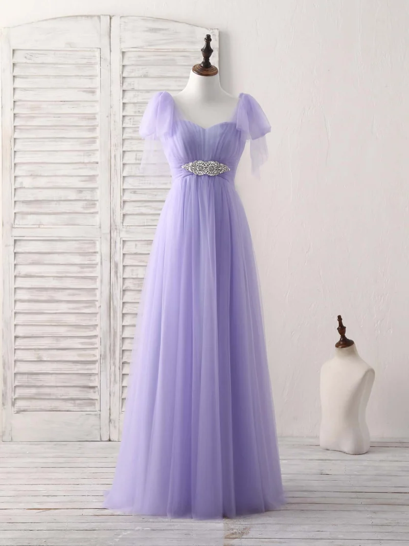 Elegant Lila Hjärtformad Tyll Lång Balklänning för Brudtärnor