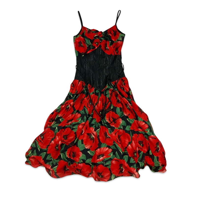 Vintage 80s 90s Party Midi Floral Print Dress Black Red 6 8