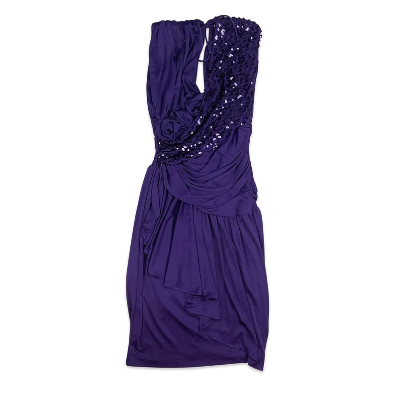 Vintage 80s 90s Party Sequinned Asymmetric Midi Dress Purple 8 10