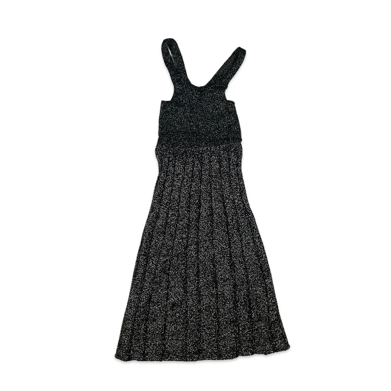Vintage 70s Lurex Knitted Midi Party Dress Black Silver Metallic 8