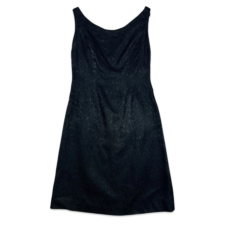 Vintage 60s Black Brocade Patterned Shift Dress 8 10 12