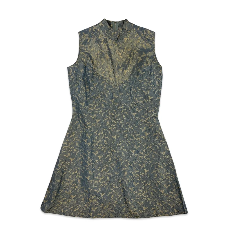 60s Vintage Blue Gold Brocade Dress 10 12