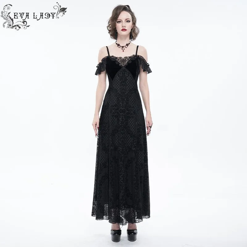 Kvinnors gotiska off Shoulder Side slits Blommig spets Bröllopsklänning