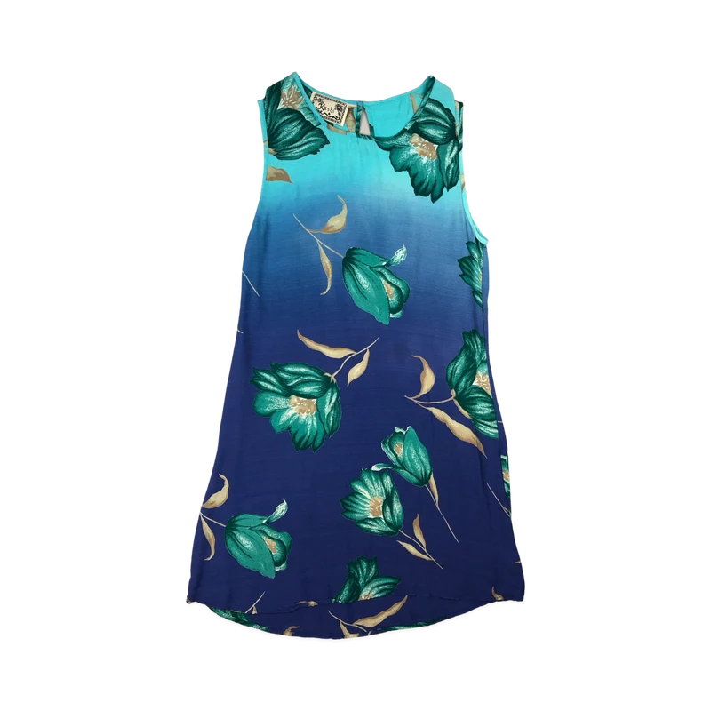 Vintage Blue Floral Print Sleeveless Beach Dress 10