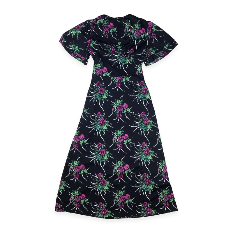 Vintage 60s 70s Black Floral Print A-line Dress 12